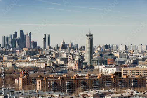 Panoramic view of the business center of Moscow march 2021. Large metropolis © Bakulov