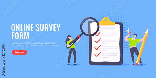 Checklist complete business concept tiny people with pencil, magnifying glass nearby giant clipboard, task done and check mark ticks flat style design vector illustration isolated white background.