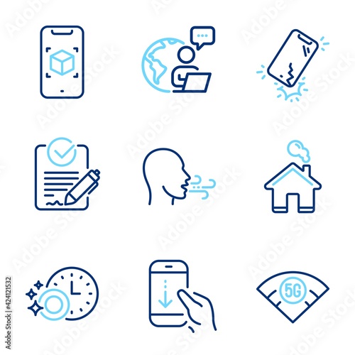 Technology icons set. Included icon as 5g wifi, Scroll down, Home signs. Dishwasher timer, Smartphone broken, Rfp symbols. Augmented reality, Breathing exercise line icons. Line icons set. Vector