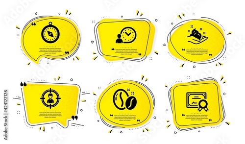 Time management, Travel compass and Coffee beans icons simple set. Yellow speech bubbles with dotwork effect. Skin care, Headhunting and Certificate signs. Vector