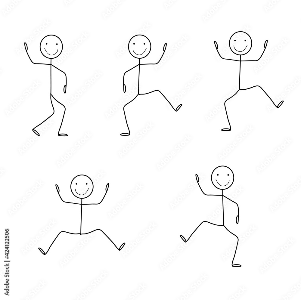 happy dancing stick man drawing in different poses isolated on white background happy dancing stick man drawing in different poses isolated on white background