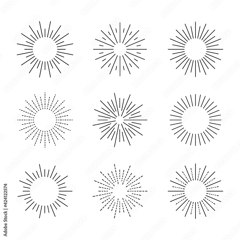 Vector set of retro style geometric shine icons, black circles isolated on white background, rays of explosions.
Vector set of retro style geometric shine icons, black circles isolated on white background, rays of explosions.