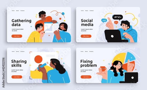 Set of Presentation slide templates or landing page websites design. Business concept illustrations. Modern flat style