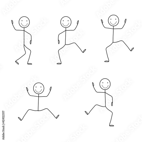 happy dancing stick man drawing in different poses isolated on white background