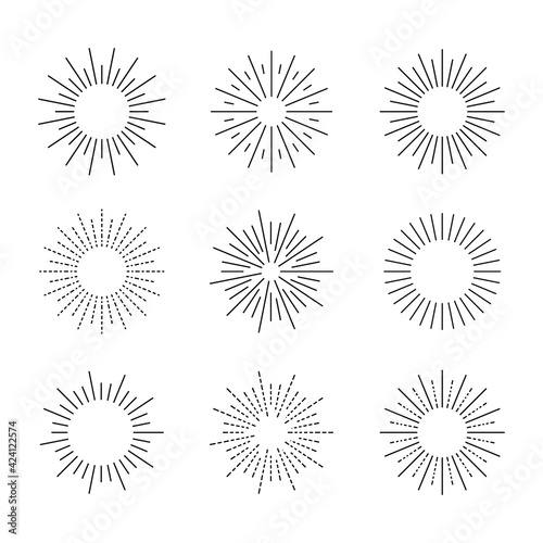 Vector set of retro style geometric shine icons, black circles isolated on white background, rays of explosions. 