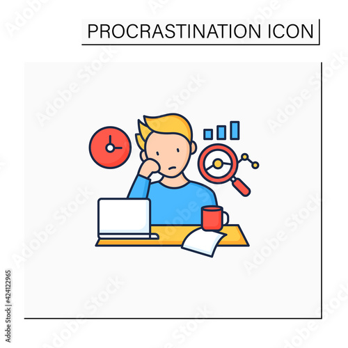Procrastination statistics color icon.Unhappy statistic.Tired person at workplace. Dont want working.Overload concept. Isolated vector illustration