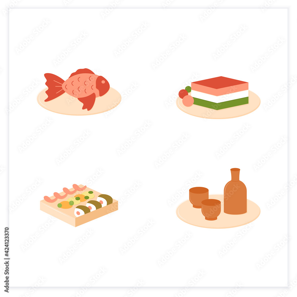 Japanese food flat icons. Spring delicates. Sake, hanami bento, hamachi, sakura taiyaki. Tradition meal.Vector illustrations Japanese food flat icons. Spring delicates. Sake, hanami bento, hamachi, sakura taiyaki. Tradition meal.Vector illustrations