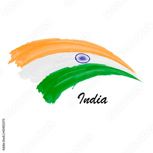 Watercolor painting flag of India. Brush stroke illustration
