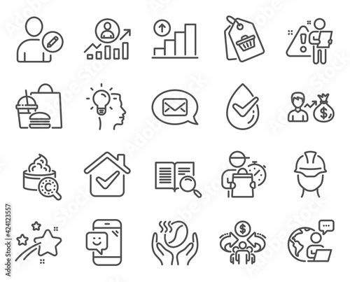 Business icons set. Included icon as Idea, Foreman, Sharing economy signs. Messenger, Dermatologically tested, Graph chart symbols. Collagen skin, Search text, Career ladder. Coffee, Smile. Vector