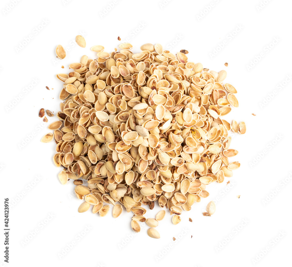 Pile of pistachios husks isolated on white background Pile of pistachios husks isolated on white background
