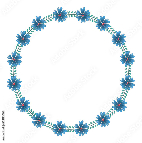 Vector round wreath of pink blooming flowers and green leaves. The frame has place for text inside.
