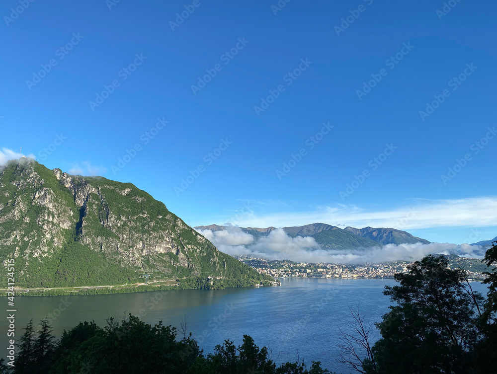 View from the Campione di Italy mountain. View of Mount San Salvatore, Lake Lugano. Switzerland