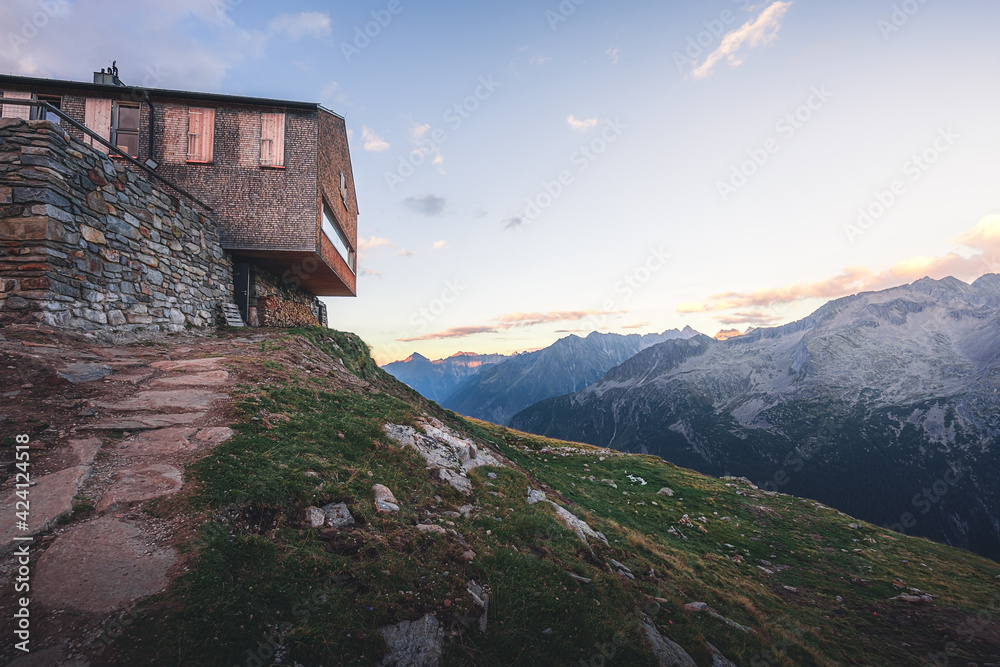Zillertal, Austrian Alps. Summer mountain scenery, Olpererhütte refugee, Schlegeisspeicher reservoir view.	