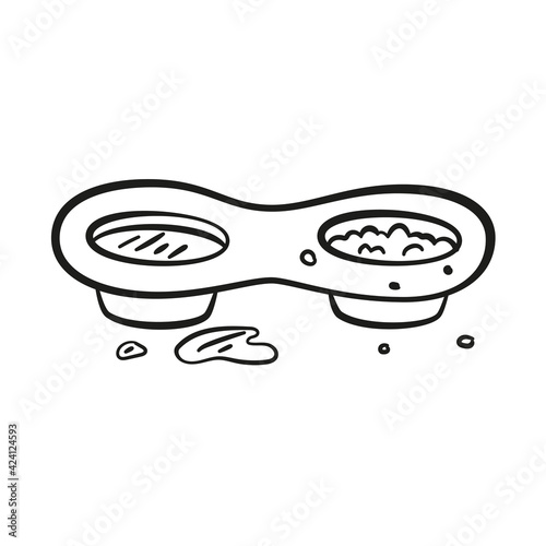 Double pet bowl with feed and water in doodle style. Cat or Dog bowl line icon. Pet's food symbol. Editable stroke. Vector illustration.