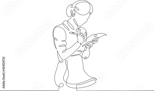 The waitress in the cafe accepts the order. Drinks and meals. Carbonated drinks and sandwiches.One continuous drawing line  logo single hand drawn art doodle isolated minimal illustration.