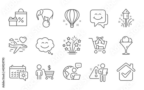 Fireworks stars, Ice cream and Smile face line icons set. Shopping, Honeymoon travel and Cross sell signs. Fireworks, Buyer and Smile chat symbols. Line icons set. Vector