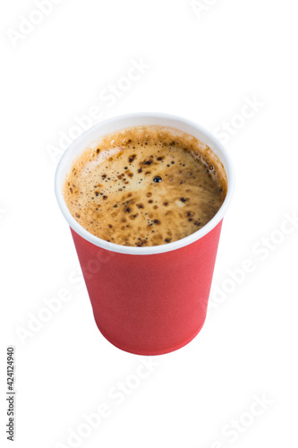 Coffee to go in a paper red glass without a lid isolate on a white background vertical format