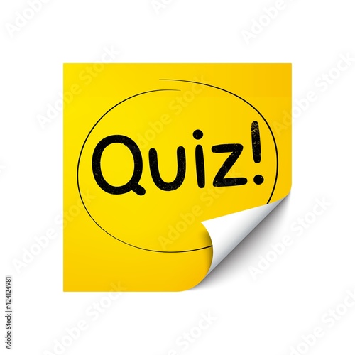 Quiz symbol. Sticker note with offer message. Answer question sign. Examination test. Yellow sticker banner. Quiz badge shape. Post note. Adhesive offer paper sheet. Vector