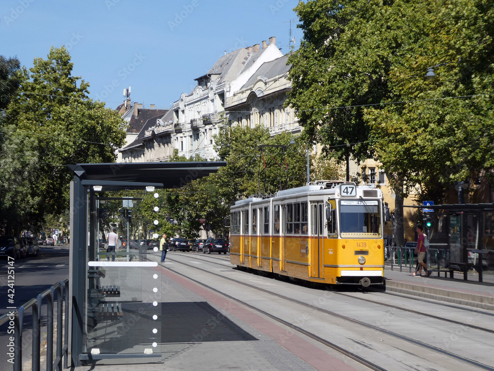 Naklejka premium Budapest,Hungary, 15th September 2019 - Yellow tram number 47 and station