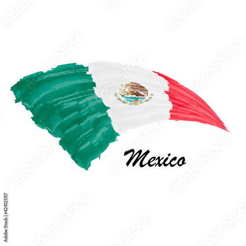 Watercolor painting flag of Mexico. Brush stroke illustration