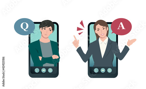 スマートフォン・悩む男性と説明するスーツ姿の女性　質問と答え　人物ベクターイラスト