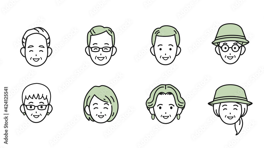 シニア　高齢者　老夫婦　人々　男女　笑顔　顔　アイコン　イラスト素材