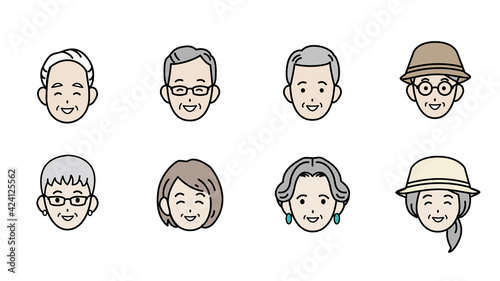 シニア　高齢者　老夫婦　人々　男女　笑顔　顔　アイコン　イラスト素材