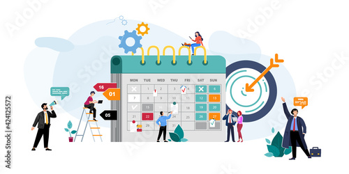 People plan to work on the calendar. Entrepreneurship and scheduling with teamwork for the month, alarm. Business meetings and events, businessmen organise the process of working the office. Vector