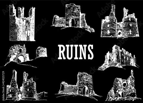 Graphical set of ruins on black background, vector architecture