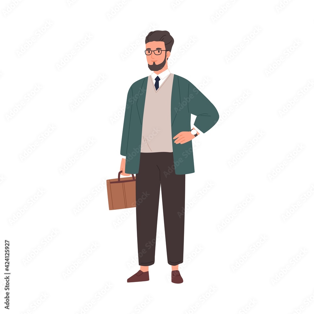 Portrait of happy smiling businessman holding briefcase. Confident office worker or business manager with suitcase. Colored flat vector illustration of young modern man isolated on white background