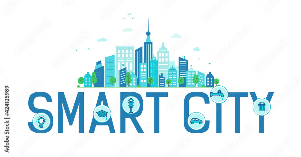text Smart city. Modern blue city. Vector infographics