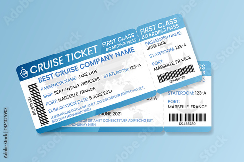 Cruise boarding pass design template. Ferry boat ticket mockup. Vector illustration of control coupon for access to ship, with barcode