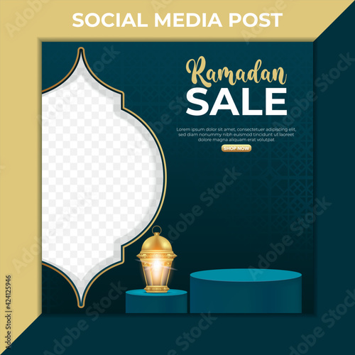 ramadan sale marketing banner. Editable social media post template. 3d Ramadan Kareem design with podium