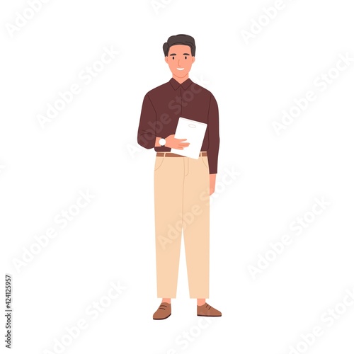 Portrait of happy smiling businessman holding tablet PC. Confident office worker standing in formal clothes. Flat vector illustration of young modern man isolated on white background