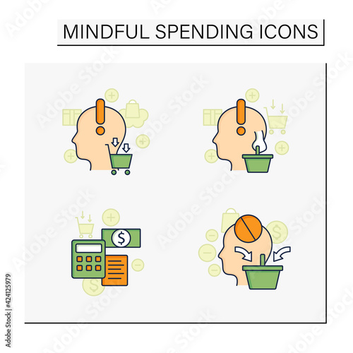 Mindful spendings color icons set. Bugeting, conscious consumption. Buying fewer concepts. Isolated vector illustrations