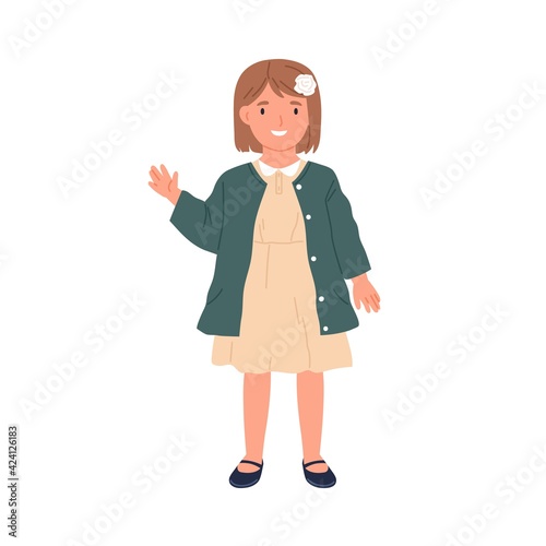 Happy child waving with hand and saying hello. Hi greeting gesture of smiling kid. Portrait of cute preschool girl in dress. Flat vector illustration of preschooler isolated on white background