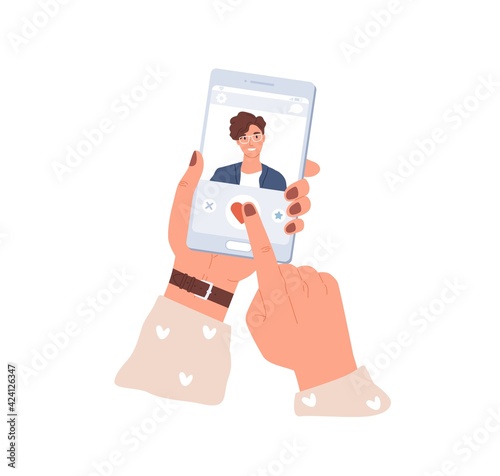 Female hands holding mobile phone and liking man's photo in dating app. Smartphone screen with application for online love dates. Colored flat vector illustration isolated on white background