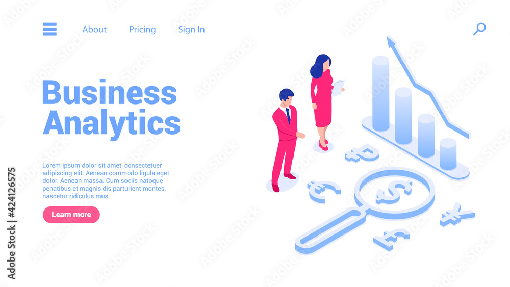 Business analytics concept. Landing page or web banner template. Businessman and business woman  stand in front of a growing graph and magnifying glass with a dollar sign.Isometric vector illustration