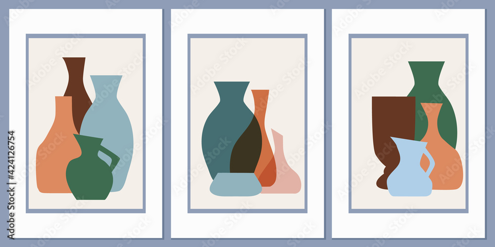 Template with an abstract composition of different vases and pots of simple shapes. Collage style, Boho minimalism. Pastel earthy colors. Vector banners for postcards and covers for social media