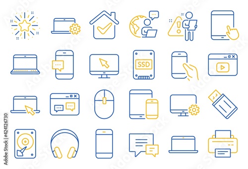 Mobile device line icons. Laptop, Tablet PC and Smartphone icons. HDD, SSD and Flash drive. Headphones, Printer and tablet device. Mouse, ssd disk, mobile laptop. Memory hdd drive. Vector