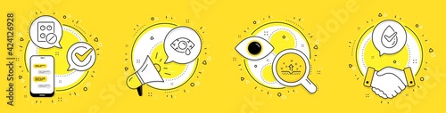 Medical tablet, Clean skin and Conjunctivitis eye line icons set. Cell phone, megaphone and deal vector icons. Dermatologically tested sign. Medicine pill, Cosmetics, Optometry clinic. Vector