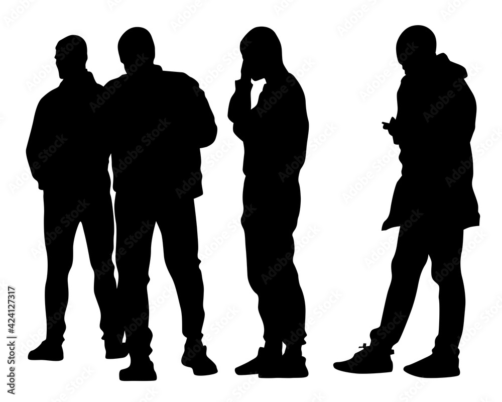 Woman and man holds cell in her hand. Isolated silhouettes of people on a white background