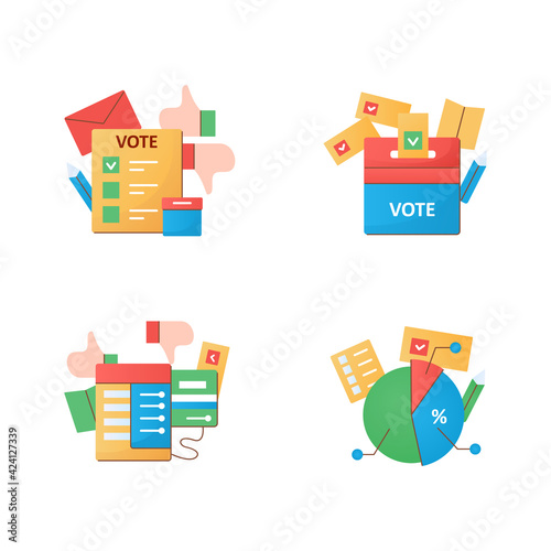 Election flat icons set.Election box, voting machine, voting poll. Choice, vote concept. Democracy. Parliamentary or presidential elections. 3d vector illustrations
