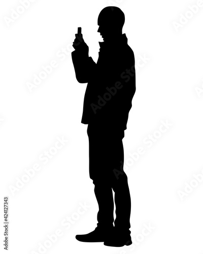 Woman and man holds cell in her hand. Isolated silhouettes of people on a white background