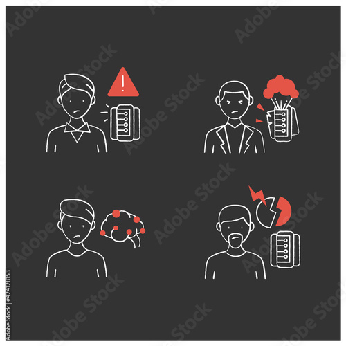 Information overload chalk icons set. Consists of continuous partial attention, information explosion, Fake info, anxiety. Isolated vector illustrations on chalkboard