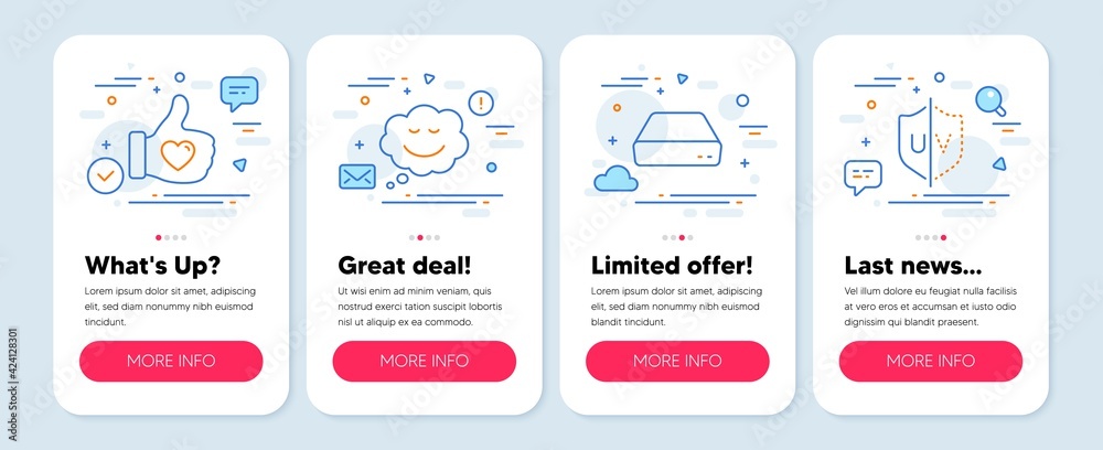 Set of Business icons, such as Like hand, Mini pc, Speech bubble symbols. Mobile screen banners. Uv protection line icons. Thumbs up, Computer, Comic chat. Ultraviolet. Like hand icons. Vector