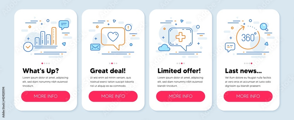 Set of Technology icons, such as Medical chat, Love message, Graph chart symbols. Mobile screen mockup banners. 360 degrees line icons. Medicine help, Dating service, Growth report. Vector