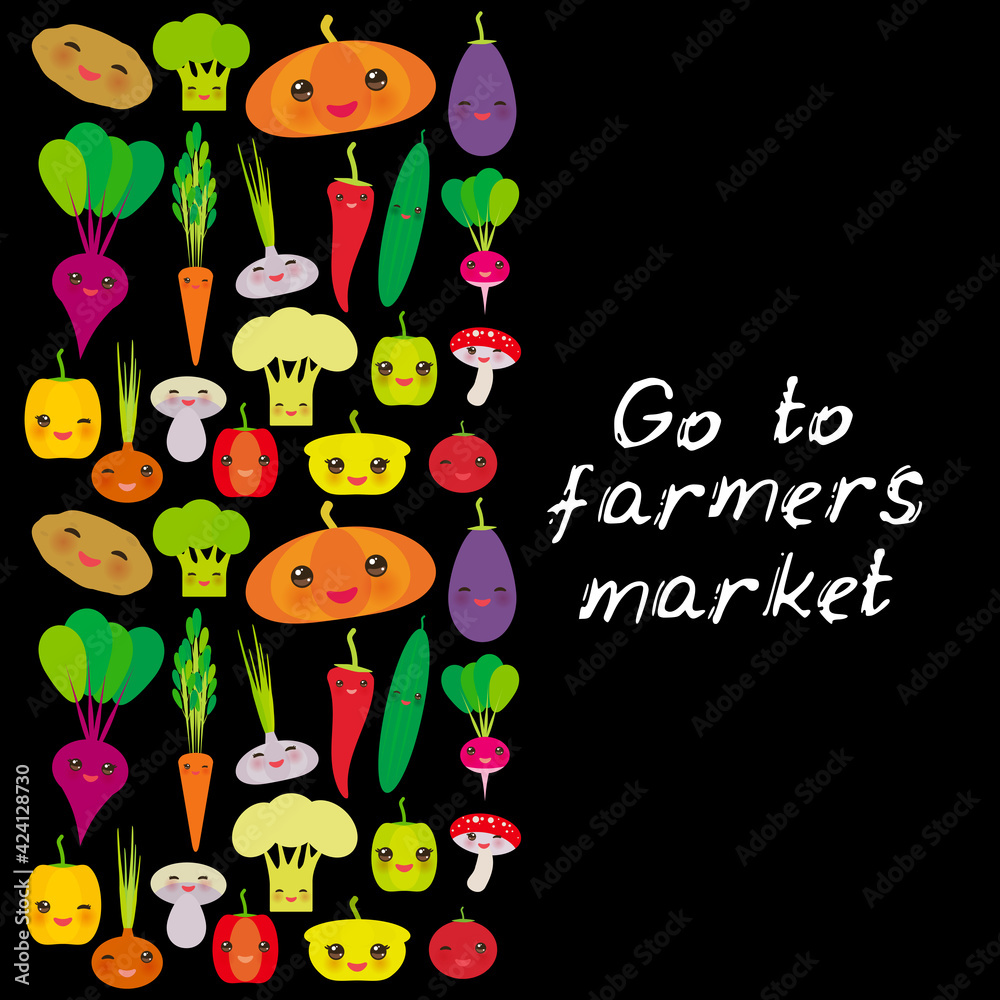 Naklejka premium Go to farmers market. Kawaii vegetables bell peppers pumpkin beets carrots eggplant red hot peppers cauliflower broccoli potatoes mushrooms cucumber onion garlic, tomato radish on black. Vector