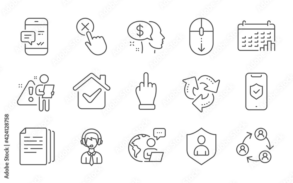 Calendar graph, Pay and Scroll down line icons set. Recycle, Phone protection and Reject click signs. Teamwork, Shipping support and Smartphone notification symbols. Line icons set. Vector Calendar graph, Pay and Scroll down line icons set. Recycle, Phone protection and Reject click signs. Teamwork, Shipping support and Smartphone notification symbols. Line icons set. Vector