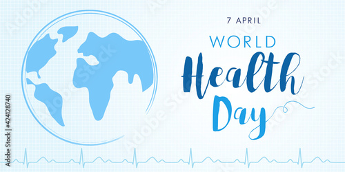 World Health Day cardio poster light with earth and text. Medical Health Day poster design with planet earth, cardiogram and lettering for celebration of April 7 holiday. Vector illustration